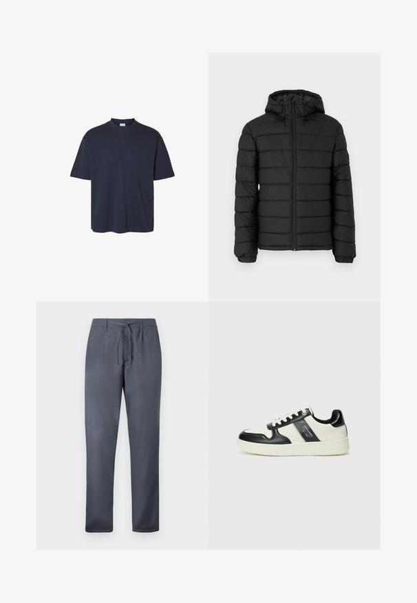 Juodas pūkinis švarkas su gobtuvu, siuvinėta medžiaga, priekinis užtrauktukas, elastingi rankogaliai ir švelni tekstūra, teikianti šilumą ir izoliaciją.; Tamsiai mėlynas trumpomis rankovėmis marškinėliai su apvalia iškirpte, laisva forma ir lygiu medvilnės audiniu; be matomų raštų ar akcentų.; Pilkos kelnės, pagamintos iš lygaus audinio, su raišteliu ir šoninėmis kišenėmis. Tiesaus kirpimo dizainas su švariu apdaila.; Odiniai sportbačiai juodos ir kreminės spalvų schemoje, su perforuotais akcentais, paminkštinta apykakle ir tekstūruotu padu.