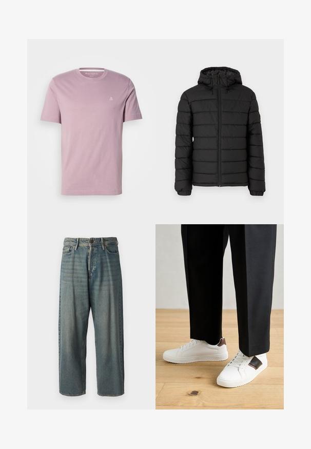 Must musta jope kapuutsiga, vatitud disainiga, ees lukuga, elastsete mansettidega ja siledast tekstuurist, pakkudes soojust ja isolatsiooni.; Hele lilla lühikeste varrukatega ümmarguse kaelusega t-särk, mille vasakul rinnal on väike valge "M OP" logo ja kaeluse sees "Marc O'Polo" silt.; Heledad sinine denim-stiilis teksad, volüümse lõike, keskmise kõrgusega talje ja sirgete säärega. Omab viit taskut, vöökumme ja nööpide sulgemist.; Valged sneakersid siledat tekstuurist, millel on pruunad nahast detailid ja mustad aksessuaarid, millele on sobitatud mustad kohandatud püksid. Puitpõranda taust.