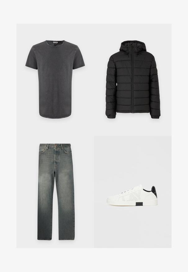 Svart pufferjakke med hette, quiltet design, glidelås foran, elastiske mansjetter og en glatt tekstur som gir varme og isolasjon.; Grå t-skjorte med kort arm og rund hals, laget av myk stoff, med en svakt buet hem og synlige sømdetaljer.; Jack & Jones JJIALEX JJCOOPER - Baggy jeans - black denim; Hvite sneakers med perforert design, svart hælaccent og hvit gummisåle. Har snørebånd og logo på siden. Glatt lærtekstur.