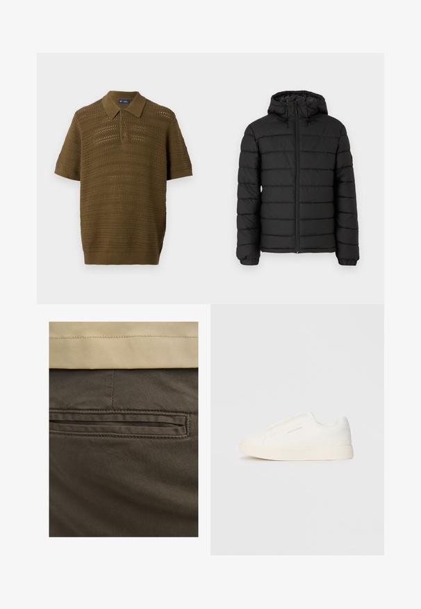 Schwarze Pufferjacke mit Kapuze, gestepptem Design, Frontreißverschluss, elastischen Bündchen und glatter Textur, die Wärme und Isolation bietet.; Kurzarm-Polohemd in Olivgrün mit strukturiertem, offenem Strickdesign und horizontalen Streifen sowie einem gerippten Kragen und Saum.; Braune Baumwollhosen mit sichtbarem Gesäßtaschenfeature, akzentuiert durch subtile Nähte und einer glatten Textur. Der Bund ist in einem kontrastierenden Beige.; Weiße Slip-On-Sneaker mit einer strukturierten Oberfläche, dicker Sohle und minimalistischem Design. Mit Logo der Marke an der Seite.