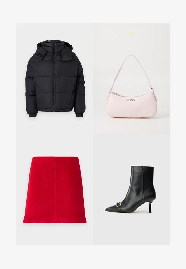 Giacca a vento nera con colletto alto e cappuccio removibile, con zip frontale, polsini elasticizzati e logo in rilievo sulla spalla.; Camicia bianca a maniche lunghe con colletto in cotone. Caratterizzata da una chiusura con bottoni e una tasca sul petto singola. Tessuto liscio, vestibilità comoda.; Gonna mini rossa realizzata in tessuto texturizzato con una vestibilità dritta. Il design presenta una parte anteriore senza cuciture e linee pulite, senza decorazioni.; Stivale alla caviglia in pelle nera con punta affusolata, tacco sottile di media altezza e dettaglio in fibbia argentata sul lato, su sfondo semplice.; Borsa a tracolla in pelle rosa con un design curvo, chiusura con zip e tracolla. Presenta un logo argentato sul davanti.