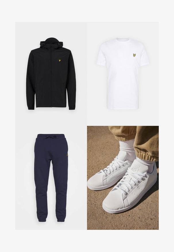 Black lightweight jacket with a hood, zip closure, elastic cuffs, and side pockets; features a small gold embroidered eagle logo.; White cotton T-shirt featuring a small black and yellow embroidered logo on the left chest. Short sleeves and a crew neckline.; Lyle & Scott SLIM - Tracksuit bottoms - navy; White leather sneakers with a smooth surface, featuring a classic lace-up design, perforations for breathability, and a textured rubber outsole.