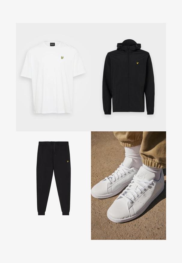 Zwarte lichtgewicht jas met een capuchon, ritssluiting, elastische manchetten en zijzakken; heeft een klein gouden geborduurd adelaarslogo.; Witte katoenen t-shirt met korte mouwen, ronde halslijn en een klein geel vogellogo geborduurd op de linkerborst.; Zwarte joggingsbroek met elastische taille en trekkoord, taps toelopende pijpen met boorden en een klein geel geborduurd logo op de rechterdij.; Witte leren sneakers met een gladde oppervlakte, met een klassieke vetersluiting, perforaties voor ademend vermogen en een gestructureerde rubberen buitenzool.