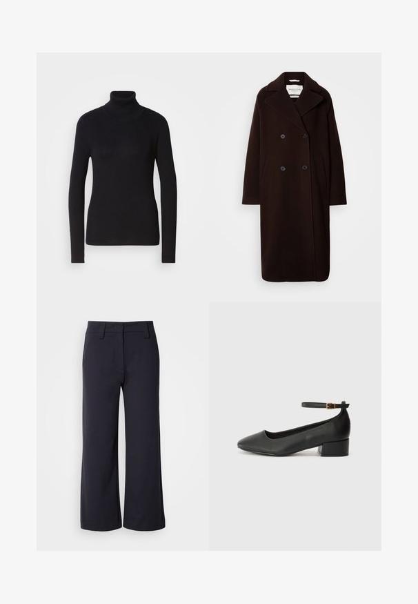 Topelt tüüpi, pikk must villane müts, laia kraega, kahe esipocketiga ja mustade nupuväätidega. Sujuv tekstuur, minimaalne disain.; Must mustrikkide turtleneck-sviiter, millel on pikad varrukad. Valmistatud kudumaterjalist, millel on peenike disain. Sile tekstuur ja kõrge kaeluse detail.; Laiad püksid tumedast mereväe kangast. Omavad lamedat esit, vöökohasid ja külgtaskuid. Materjal on sile ja veidi veniv.; Must mustaapp, millel on terav nina ja madal blokk-kand. Omab pahkluu rihma koos kuldse tooni pandlaga. Sile tekstuur.