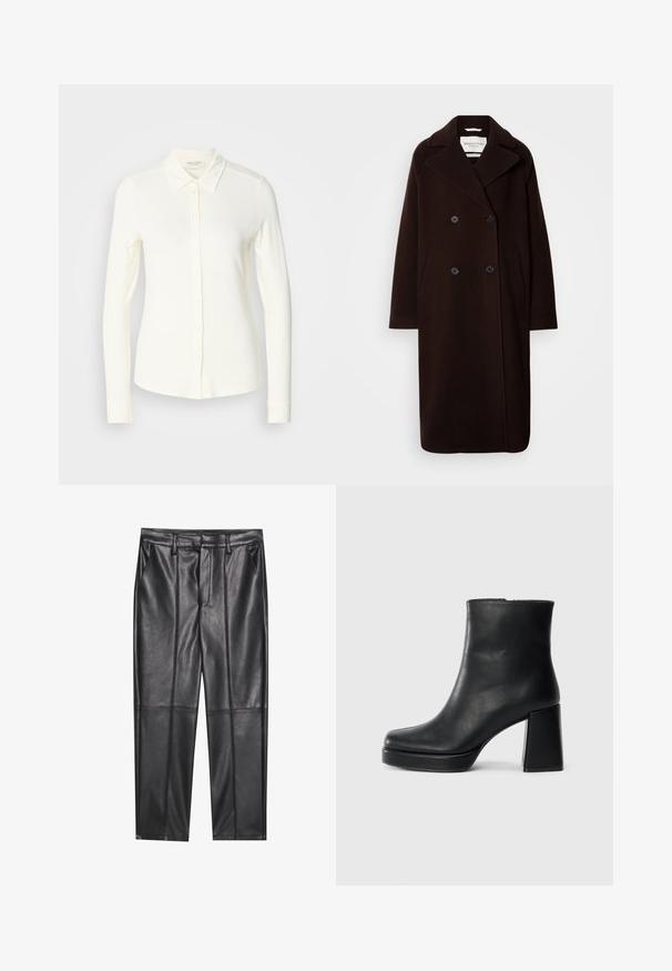 Dviejų mygtukų ilgas juodas vilnonis paltas su plačiais atvartais, dviem priekinėm kišenėm ir juodais mygtukų akcentais. Glotni tekstūra, minimalus dizainas.; Ilgomis rankovėmis, kreminės spalvos mygtukinės marškiniai, pagaminti iš švelnios medžiagos. Turi klasikinį apykaklę ir tiesų apatinį kraštą su mygtukų detalėmis.; Juodos odinės kelnės su lygiu tekstūru, tiesaus kirpimo, dviem priekinėmis kišenėmis ir matomomis siūlėmis.; Juodas odinis kulkšninis botas su bloku ir platformos padu, matomas šoniniu vaizdu ant balto fono.