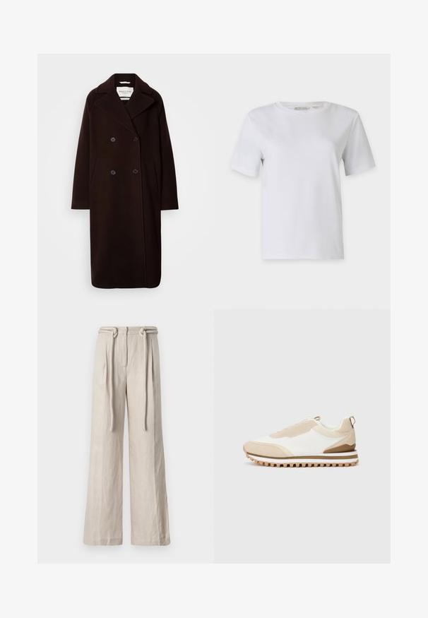 Dobbeltbrystet, lang sort uldfrakke med bred krave, to frontlommer og sorte knapdetaljer. Glat tekstur, minimalistisk design.; Hvid kortærmet t-shirt lavet af glat bomuld. Har en rund hals og lige kant, uden mønstre eller udsmykninger.; Bredbeinede bukser i lyse beige linned med høj talje, frontplisseringer og en bundet bælte detalje. Glat tekstur og afslappet pasform.; Beige og hvide lav-top sneakers med tekstureret sål og træksløjfe på hælen, præsenteret på en ensartet lys baggrund, sidevisning.