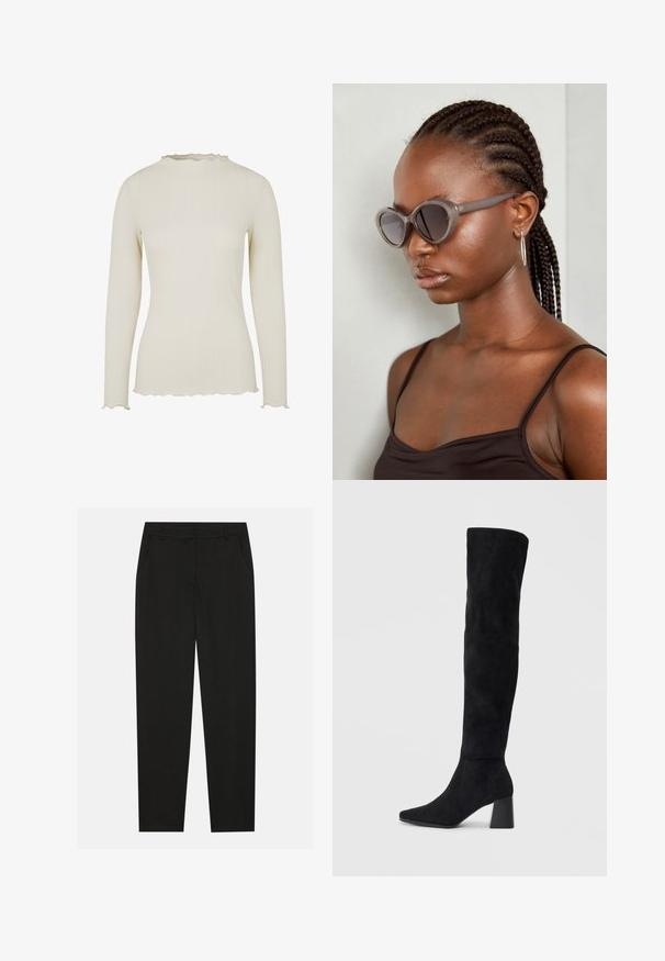 Dvojreični dolg črn volnen plašč z širokim ovratnikom, dvema sprednjima žepoma in črnimi gumbnimi detajli. Gladka tekstura, minimalni dizajn.; Dolga majica z dolgimi rokavi v svetlo kremni rebrasti tkanini z teksturirano površino. Ima valovito odprtino na vratu in robu za dodaten pridih.; Črne hlače z oblikovanim krojem, ki imajo stranske žepke in ravno nogavico. Narejene so iz gladkega, lahkotnega materiala z elegantnim zaključkom.; Črne semiš škornje do kolen z blok peto, s koničastim nosom in gladkim, brezšivnim dizajnom na enostavni svetli podlagi.; Sive velike sončne očala z zaobljeno obliko in temnimi lečami. Elegantno plastično ogrodje z gladko površino. Model ima spletene lase.