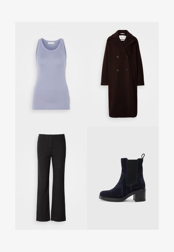 Duge dug černi vuneni kaput s dva reda dugmadi, širokim reverima, dva prednja džepa i crnim detaljima na dugmadima. Glatka tekstura, minimalni dizajn.; Svijetložutica majica bez rukava s prilagođenim dizajnom, izrađena od glatke pletene tkanine. Ima okrugli izrez i široke naramenice, minimalno brendiranje.; Crne hlače od pamučne mješavine ravnog kroja, s prednjim kopčanjem na gumb i dva bočna džepa. Glatka tekstura, bez vidljivih uzoraka.; Tamno plavi antilop čizmi do gležnja s elastičnom bočnom panelom, zaobljenim vrhom i blok petom. Teksturni materijal i glatka đon dodaju kontrast.