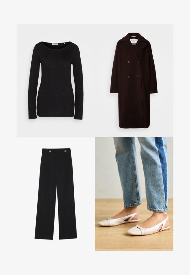 Duge dug černi vuneni kaput s dva reda dugmadi, širokim reverima, dva prednja džepa i crnim detaljima na dugmadima. Glatka tekstura, minimalni dizajn.; Crni dugih rukava s širokim izrezom, izrađen od teksturirane tkanine. Ima uske rukave i uski kroj.; Crne hlače širokih nogavica s visokim strukom, s dugmadi na pojasu i prednjim nabora.; Svijetlo ružičaste slingback balerinke s šiljastim vrhom, izrađene od glatkog materijala nalik koži. Sadrže izrezane detalje sa strane i ravnu petu.