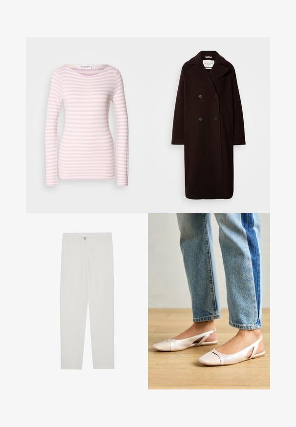 Dvojreični dolg črn volnen plašč z širokim ovratnikom, dvema sprednjima žepoma in črnimi gumbnimi detajli. Gladka tekstura, minimalni dizajn.; Dolga majica s črtami v svetlo roza in beli barvi, z okroglim ovratnikom in oprijetim krojem, narejena iz mehke, elastične tkanine.; Bela, krojena hlače z ravnimi nogami, ki vključujejo gumbasto zapiranje, zanke za pas in stranske žepe; gladka tekstura tkanine.; Svijetloružičaste slingback balerinke s šiljastim nožnim prstima, napravljene od glatkog materijala nalik koži. Imaju izrezane detalje sa strane i ravne pete.
