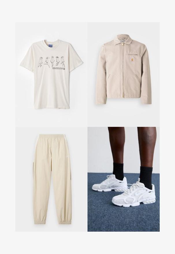 Lys beige jakke laget av bomull, med glidelås, spiss krage, frontlommer og en stofflogo-lapp på brystet.; Kremfarget bomulls T-skjorte med korte ermer, med et svart abstrakt design og teksten "KIDSUPER STUDIOS" i midten.; Beige lette joggebukser med elastisk midje, mansjetter ved anklene, sidelommer og subtil Nike-logo i hvitt på venstre lår.; Hvite joggesko med mesh-overdel, teksturerte detaljer og polstret såle. Kombinert med svarte ribbede ankelstrømper på et blått teppet.
