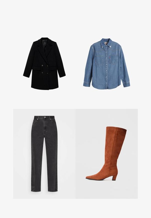 Črn dvoredni plašč z izrezanim ovratnikom, gumbnimi poudarki in dvema sprednjima žepoma, izdelan iz teksturiranega materiala.; Svijetloplava traper košulja s dugim rukavima, šiljastim ovratnikom, dva džepa na prsima i kontrastnim šavovima. Sadrži dizajn jarmaka u zapadnjačkom stilu.; Črne denim hlače s ravnimi nogami in visokim pasom, sprednjim gumbom in zadrgo ter petimi žepi na belem ozadju.; Rjavi suede škornji do kolen s koničastim nosom in majhno blok peto, ki se ponašajo z gladko teksturo in minimalističnim dizajnom.