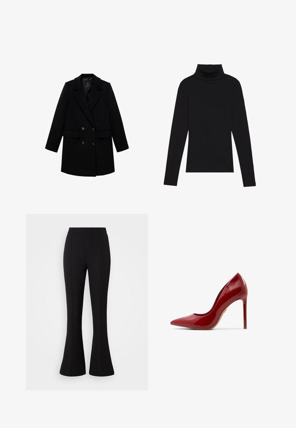 Palton negru cu două rânduri de nasturi, guler cu margini, accente cu nasturi și două buzunare frontale, realizat dintr-un material texturat.; Cămășuță neagră cu guler înalt, dintr-un material cu dungi, cu un design aderent, fără modele sau accente.; Pantaloni negri evazați, realizați dintr-un material elastic, cu o textură netedă, talie înaltă și detalii cu cusături pe partea din față.; Pantofii cu toc înalt din piele patent roșie, cu vârf ascuțit, suprafață netedă și toc stiletto subțire, având o talpă bej.