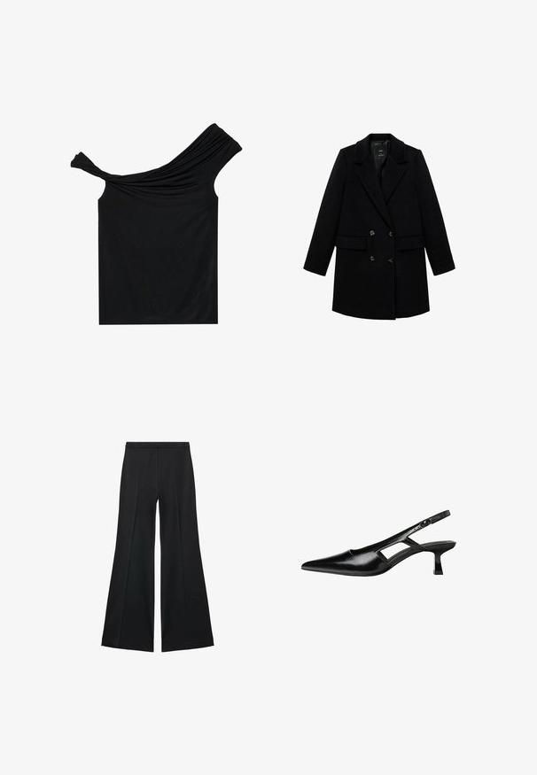 Mustan kaksirivisen takin, jossa on viilsikaulus, nappikoristeet ja kaksi etutaskua, valmistettu teksturoidusta kankaasta.; Musta off-shoulder toppi, joka on valmistettu pehmeästä kankaasta. Sisältää kiertyneen yksityiskohdan kaula-aukossa ja istuvan siluetin.; Mustat leveälahkeiset housut, joissa on sileä pinta, etupuolella laskokset ja muotolaskettu malli. Kangas on kevyttä ja laskeutuvaa.; Mustat lakatut nahkakengät, joissa on viistopää, leikattu sivusuunnassa ja pieni neliökoroke. Sujuva pinta, jossa on minimaalinen koristelu.