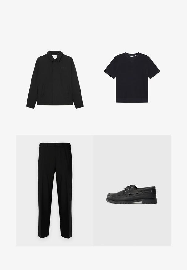Casaco leve preto com gola, fecho frontal por botões e dois bolsos laterais. Apresenta um logótipo discreto no peito.; T-shirt preto de manga curta feito de material texturizado, com um decote redondo e uma barra reta. Sem padrões ou acentos visíveis.; Calças pretas feitas de tecido liso, com um corte reto, dois bolsos frontais e fecho de zipper com botão.; Sapato de barco em couro preto com sola grossa em borracha, atacadores na frente e ilhós decorativos de lado sobre fundo cinza claro.