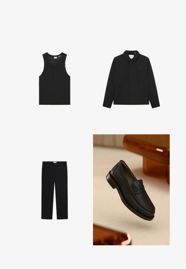 Svart lett jakke med krage, frontlukking med knapper og to sidelommer. Har en diskret logo på brystet.; Svart tanktopp med teksturert mønster, ermene er fraværende og rund hals. Laget av lett strikket materiale.; Sorte bukser med straight-leg design, frontlommer og knappestengning. Laget av et glatt stoff med en elegant finish.; Svart lærloafer med teksturert finish, med sydd søm og gummisåle. Lagt mot en lys overflate.
