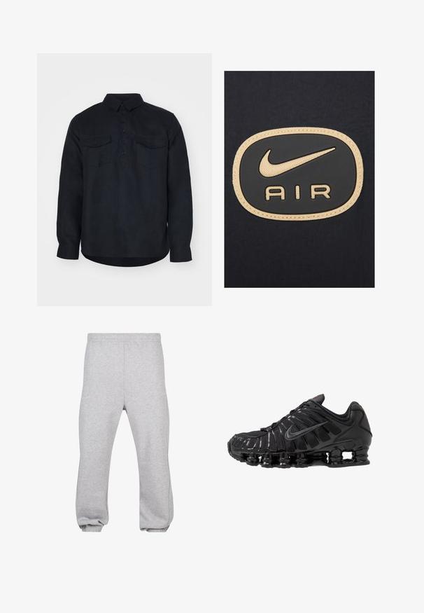 Nike Sportswear AIR - Chaqueta fina - black white metallic gold; Camisa de manga larga de color azul oscuro, hecha de una tela texturizada, que presenta un frente abotonado, dos bolsillos en el pecho y un cuello clásico.; Pantalones de chándal grises hechos de una mezcla de algodón, con cintura elástica, piernas ajustadas y dobladillos acampanados. Diseño simple sin patrones.; Zapatilla deportiva negra con parte superior de malla y sintético, con un diseño acanalado, cordones y una suela gruesa con unidades de amortiguación visibles.
