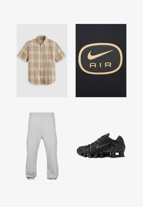 Nike Sportswear - Kurtka wiosenna; Koszula krótki rękaw w kratę w kolorach beżowym, brązowym i jasnoniebieskim, wykonana z tkanej bawełny, z kołnierzykiem zapinanym na guziki i guzikami z przodu.; Młody mężczyzna z krótkimi, kręconymi włosami, ubrany w gładki, biały t-shirt z krótkim rękawem i niebieskie dżinsy, stoi z rękami w kieszeniach.; Szare dresy wykonane z mieszanki bawełny, z elastycznym paskiem w talii, zwężanymi nogawkami i ściągaczami u dołu. Prosty design bez wzorów.; Czarne buty sportowe z siateczkową i syntetyczną cholewką, z żebrowanym wzorem, sznurowadłami i masywną podeszwą z widocznymi jednostkami amortyzującymi.