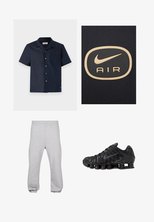 Nike Sportswear AIR - Giacca leggera - black white metallic gold; Camicia a maniche corte in tessuto blu navy scuro, con colletto, sei bottoni, taschino sul petto e un piccolo dettaglio del logo all'orlo.; Giovane uomo con capelli ricci corti che indossa una maglietta bianca a maniche corte e jeans blu, in piedi con le mani nelle tasche.; Pantaloni della tuta grigi realizzati in misto cotone, dotati di una vita elasticizzata, gambe affusolate e orli a costine. Design semplice senza motivi.; Scarpa sportiva nera con un upper in mesh e sintetico, caratterizzata da un design rigato, lacci e una suola spessa con unità di ammortizzazione visibili.