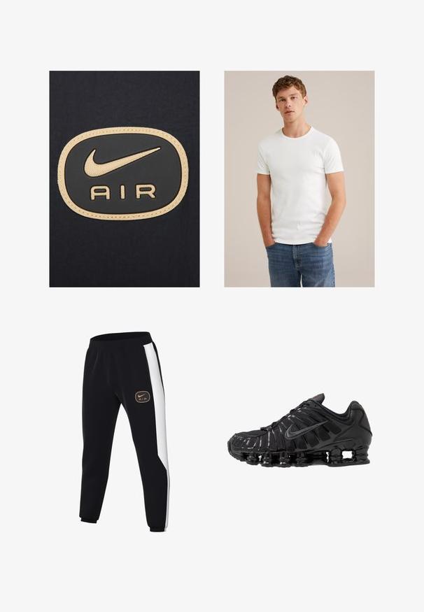 Nike Sportswear AIR - Let jakke / Sommerjakker - black white metallic gold; Ung mand med kort krøllet hår iført en ensfarvet hvid kortærmet t-shirt og blå jeans, stående med hænderne i lommerne.; Sorte atletiske bukser lavet af blødt materiale, med en hvid sidestreg, tætsiddende ben og et guld Nike Air-logo på låret.; Sort atletisk sko med en overdel i mesh og syntetisk materiale, der har et ribbet design, snørebånd og en kraftig sål med synlige støddæmpende enheder.