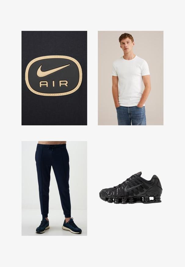 Nike Sportswear AIR - Leichte Jacke - black white metallic gold; Junger Mann mit kurzen lockigen Haaren, der ein schlichtes weißes Kurzarm-T-Shirt und blaue Jeans trägt, mit den Händen in den Taschen steht.; Marineblaue Jogginghosen aus weichem Stoff, mit einem elastischen Bund und Kordelzug, seitlichen Taschen und schmal zulaufenden Bündchen. Getragen mit Sportschuhen.; Schwarzer Sportschuh mit einem Obermaterial aus Mesh und synthetischem Material, das über ein geripptes Design, Schnürsenkel und eine klobige Sohle mit sichtbaren Dämpfungseinheiten verfügt.