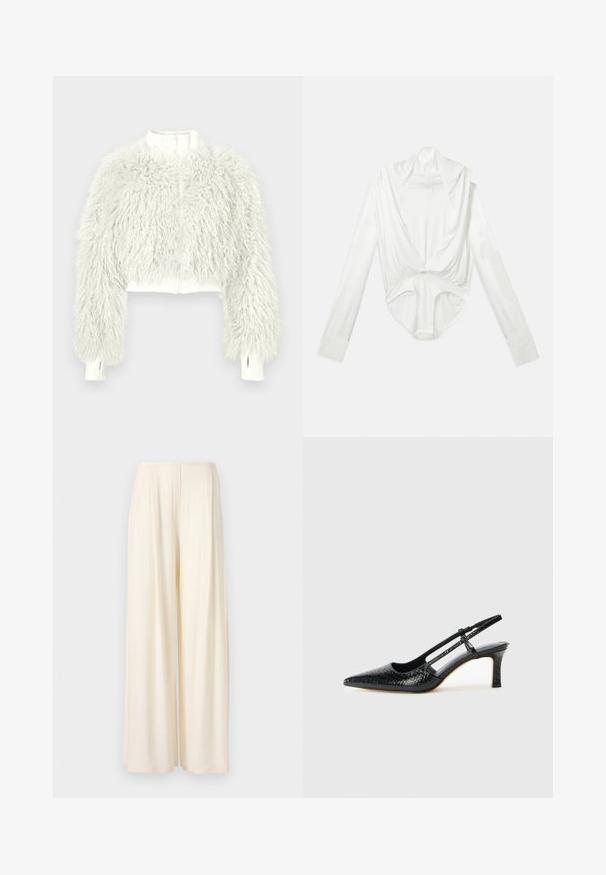 Balta trumpa užsegama striukė su ilgomis puriomis, garbanotomis dirbtinio kailio rankovėmis ir korpusu, su ribuotais rankogaliais ir skylutėmis nykščiams.; Balta ilgųjų rankovių bodysuit su giliu kaklo iškirpimu ir spaudimo uždarymu kirkšnyje, pateikta ant paprasto balto fono.; Norma Kamali MENS PLEAT - Kelnės - cream; Juodai lakuoti slingback aukštakulniai su smailiu nosiu, su tekstūruotu gyvatės raštu, reguliuojama juosta ir trumpu, tekstūruotu blokiniu kulnu.