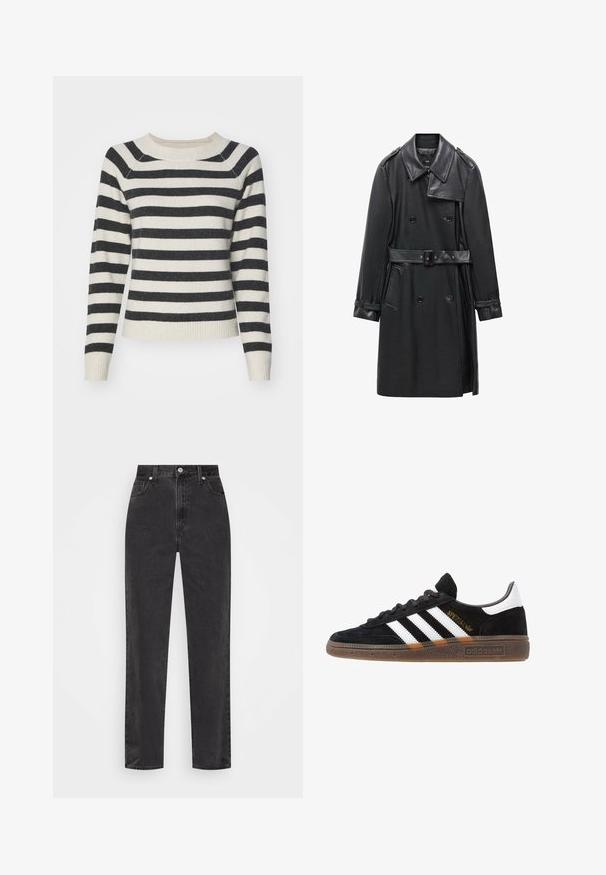Trench coat nero doppiopetto in pelle, dotato di vita con cintura, ampio colletto e tasche laterali. Texture liscia con dettagli lucidi.; Maglione a righe con strisce orizzontali nere e crema, polsini e orlo a costine, scollatura rotonda e consistenza morbida. Maniche di lunghezza media.; Jeans in denim nero a gamba dritta con vita alta, bottone e cerniera frontali, e cinque tasche su uno sfondo bianco.; Sneaker Adidas nere con strisce bianche, testo "Spezial" dorato, suola in gomma e tab sul tallone bianco, mostrato in veduta laterale.