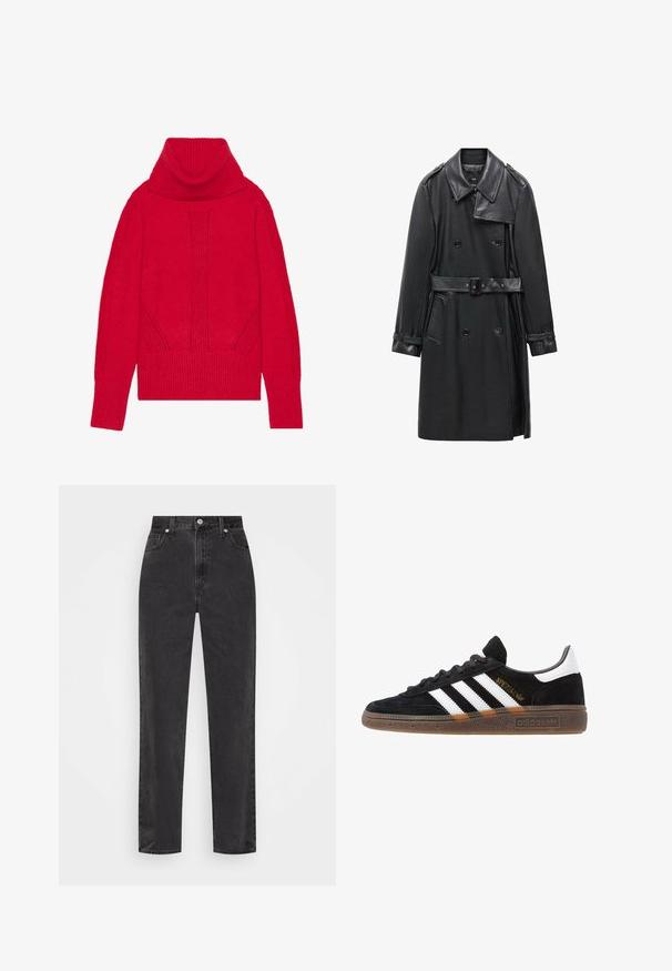 Black double-breasted trench coat made of leather, featuring a belted waist, large collar, and side pockets. Smooth texture with shiny accents.; Red knitted turtleneck sweater featuring a ribbed texture, vertical detailing, and wide ribbed cuffs and hem. Soft, thick fabric.; Straight-leg black denim jeans with high waist, front button and zipper, and five-pocket styling on a white background.; Black Adidas sneaker with white stripes, gold "Spezial" text, gum sole, and white heel tab, shown in profile view.