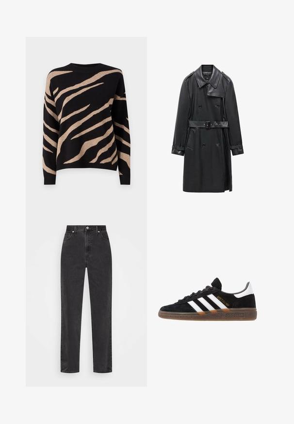 Trench-coat noir à double boutonnage en cuir, avec une taille ceinturée, un grand col et des poches latérales. Texture lisse avec des accents brillants.; Pull noir avec motif rayé tigre beige, présentant un col rond, des manches longues et une texture douce. Finition des bords en côtelé.; Jeans en denim noir à jambe droite avec taille haute, bouton et fermeture éclair à l'avant, et style cinq poches sur fond blanc.; Baskets Adidas noires avec rayures blanches, inscription dorée "Spezial", semelle en gomme et languette blanche au talon, présentées en vue de profil.