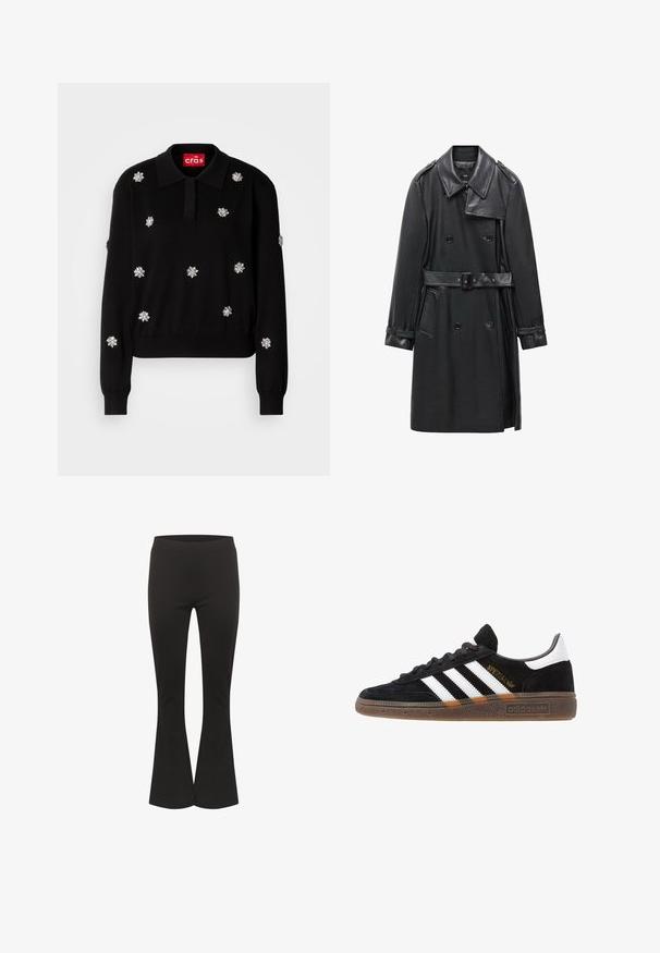Trench coat nero doppiopetto in pelle, dotato di vita con cintura, ampio colletto e tasche laterali. Texture liscia con dettagli lucidi.; Maglione nero a collo con colletto, impreziosito da applicazioni floreali argentate, con polsini e orlo a coste.; Pantaloni neri a zampa d'elefante con vita aderente e tessuto liscio, mostrati in posizione eretta su uno sfondo bianco.; Sneaker Adidas nere con strisce bianche, testo "Spezial" dorato, suola in gomma e tab sul tallone bianco, mostrato in veduta laterale.