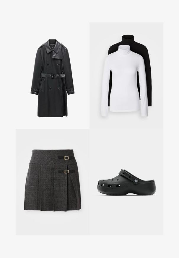 Trench-coat noir à double boutonnage en cuir, avec une taille ceinturée, un grand col et des poches latérales. Texture lisse avec des accents brillants.; Deux tops à manches longues en col roulé, l'un blanc et l'autre noir, fabriqués dans un tissu lisse et extensible, tous deux dotés d'une coupe ajustée et de cols hauts.; Jupe à carreaux grise avec une taille cintrée, dotée d'accents à double boucle et de plis. Fabriquée en tissu texturé avec un motif tissé.; Sabots en caoutchouc noir avec des trous de ventilation, un talon surélevé, une sangle arrière et une semelle texturée. Fini lisse avec un design minimaliste.
