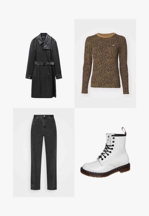 Trench coat nero doppiopetto in pelle, dotato di vita con cintura, ampio colletto e tasche laterali. Texture liscia con dettagli lucidi.; T-shirt marrone a maniche lunghe con motivo a stampa di leopardo, scollatura rotonda e leggero stretch. Piccolo logo ricamato sul davanti.; Jeans in denim nero a gamba dritta con vita alta, bottone e cerniera frontali, e cinque tasche su uno sfondo bianco.; Stivale alla caviglia in pelle verniciata bianca con occhielli neri, lacci neri e suola in gomma marrone caratterizzata da una distintiva cucitura gialla.
