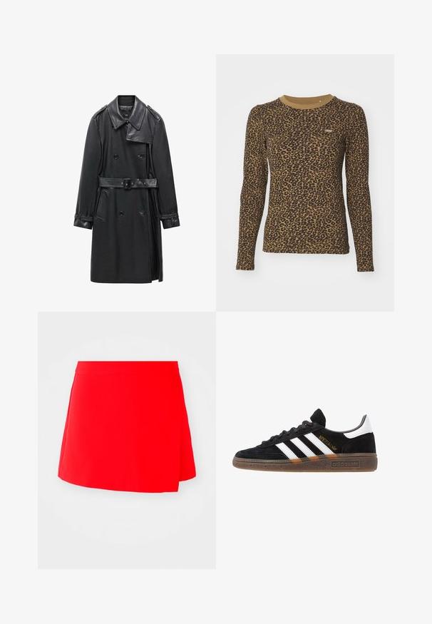 Musta kaksirivinen trenssitakki nahasta, jossa on vyöllinen vyötärö, suuri kaulus ja sivutaskut. Sujuva pinta kiiltävillä yksityiskohdilla.; Ruskea pitkähihainen t-paita, jossa on leopardikuosinen kuvio, pyöreä pääntie ja hieman joustava materiaali. Pieni logoämpäripatchi edessä.; Punainen mini-hame, jonka pinta on sileä, siinä on epäsymmetrinen muotoilu ja tiukka vyötärö. Ei näkyvää metalliosaa tai kuvioita.; Mustat Adidas-nikeset, joissa on valkoiset raidat, kultaiset "Spezial"-tekstiset, kumipohja ja valkoinen kantapää, esitetty sivuprofiilissa.