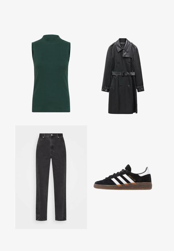 Trench coat nero doppiopetto in pelle, dotato di vita con cintura, ampio colletto e tasche laterali. Texture liscia con dettagli lucidi.; Top senza maniche a collo alto realizzato in tessuto a costine di colore verde scuro. Caratterizzato da un colletto alto, una texture liscia e un design aderente.; Jeans in denim nero a gamba dritta con vita alta, bottone e cerniera frontali, e cinque tasche su uno sfondo bianco.; Sneaker Adidas nere con strisce bianche, testo "Spezial" dorato, suola in gomma e tab sul tallone bianco, mostrato in veduta laterale.