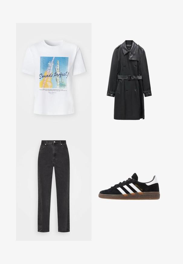 Černý dvouřadý trenčkot z kůže, s páskem v pase, velkým límcem a bočními kapsami. Hladká textura s lesklými akcenty.; Bílá bavlněná tričko s barevným grafickým motivem dvou skleněných lahví se brčky a textem "Zní to perfektně!" v tučném písmu.; Černé džíny se rovnými nohavicemi a vysokým pasem, se zapínáním na knoflík a zip, a pěti kapsami na bílém pozadí.; Černé tenisky Adidas se bílými pruhy, zlatým textem "Spezial", gumovou podešví a bílou patní částí, zobrazené v bočním pohledu.