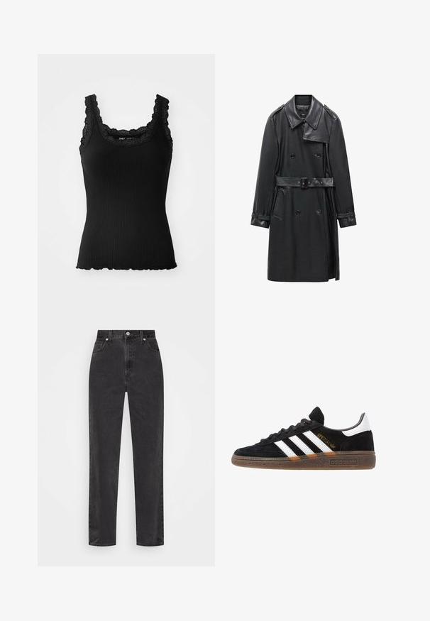 Črna dvoredna plašč iz usnja, ki ima pas, širok ovratnik in stranske žepe. Gladka tekstura z sijočimi detajli.; Črn rebrast top z čipkastim obrobom na izrezu in ramenih, z valovitim robom in prilegajočo se zasnovo, narejen iz razteznega materiala.; Črne denim hlače s ravnimi nogami in visokim pasom, sprednjim gumbom in zadrgo ter petimi žepi na belem ozadju.; Črne Adidas superge z belimi črtami, zlatim napisom "Spezial", gumo podplatom in belim petnim delom, prikazane v stranskem pogledu.