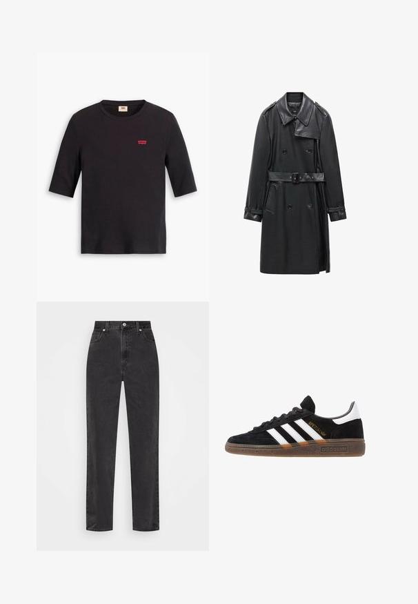 Črna dvoredna plašč iz usnja, ki ima pas, širok ovratnik in stranske žepe. Gladka tekstura z sijočimi detajli.; Črni bombažni T-shirt z okroglim izrezom in kratkimi rokavi. Ima majhen rdeč logotip Levi's na prsih. Mehka tekstura.; Črne denim hlače s ravnimi nogami in visokim pasom, sprednjim gumbom in zadrgo ter petimi žepi na belem ozadju.; Črne Adidas superge z belimi črtami, zlatim napisom "Spezial", gumo podplatom in belim petnim delom, prikazane v stranskem pogledu.