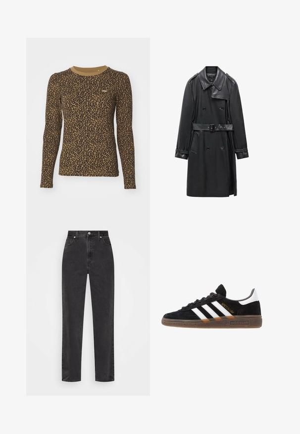 Sort dobbelbrystet trenchcoat lavet af læder, med bælte i taljen, stor krave og sidelommer. Glat tekstur med blanke accenter.; Brun langærmet t-shirt med leopardprint, rund halsudskæring og let stræk. Lille logopatch på forsiden.; Sorte højtaljede jeans lavet af denim, med en lige bendesign, forlommer, lynlås og metalknaplukning.; Sort Adidas sneakers med hvide striber, guld "Spezial" tekst, gummisål og hvid hælflap, vist i profil.