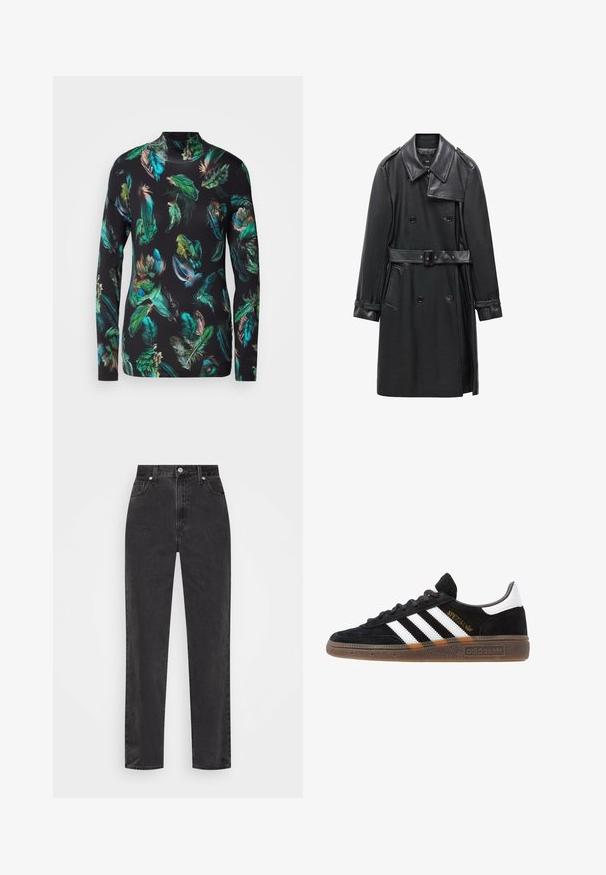 Schwarzer, doppelt geknöpfter Trenchcoat aus Leder mit tailliertem Gürtel, großem Kragen und seitlichen Taschen. Glatte Textur mit glänzenden Akzenten.; Langarmoberteil aus leichtem Stoff, mit schwarzem Hintergrund und buntem Federdesign in Grün, Blau und Braun.; Schwarze Denim-Jeans mit geradem Bein, hoher Taille, vorderem Knopf und Reißverschluss sowie fünf Taschen auf weißem Hintergrund.; Schwarzer Adidas Sneaker mit weißen Streifen, goldenem "Spezial"-Text, Gummisohle und weißem Fersenbereich, seitliche Ansicht.