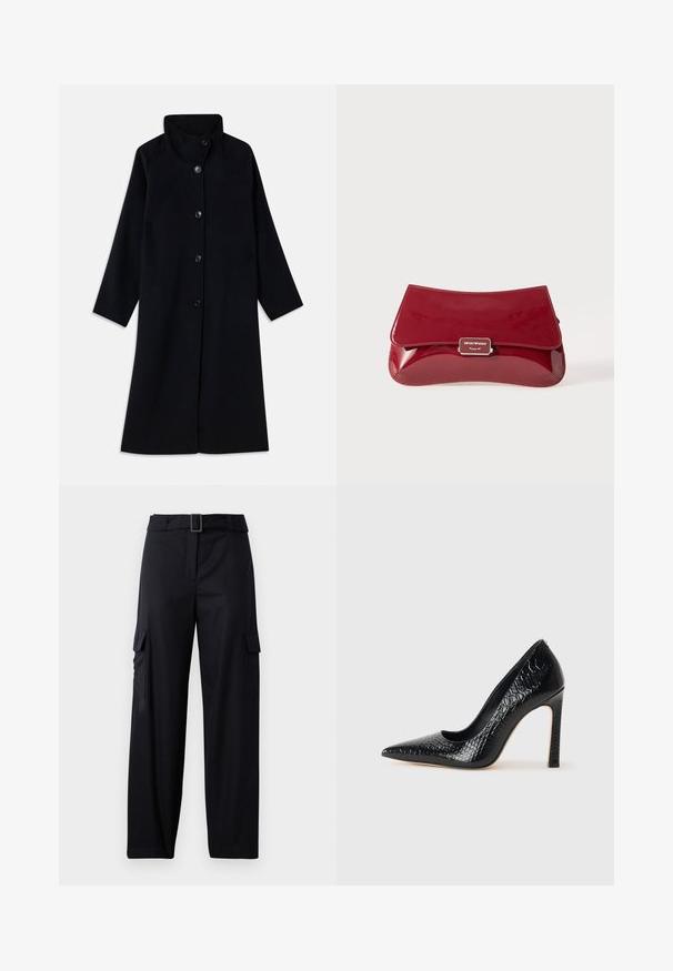 Dlouhý černý kabát s vysokým límcem a pěti předními knoflíky, dlouhými rukávy a rovnými liniemi, vystavený na bílém pozadí.; Modrá saténová blůza s krátkým rukávem a čtvercovým výstřihem, se zipem na zádech. Hladká textura a lehce volný střih.; Černé cargo kalhoty se střihem rovně, které mají dvě boční kapsy a pásek s obdélníkovou sponou. Hladká textilie.; Černý lodičkový bot s špičatou špičkou, pokrytý texturou krokodýlí kůže, s elegantním designem, vysokým stiletto podpatkem a hladkým černým interiérem.; Červená lakovaná kabelka s křivkovým designem, překlopným víkem a kovovým logem na stříbrné destičce. Hladký, lesklý povrch.