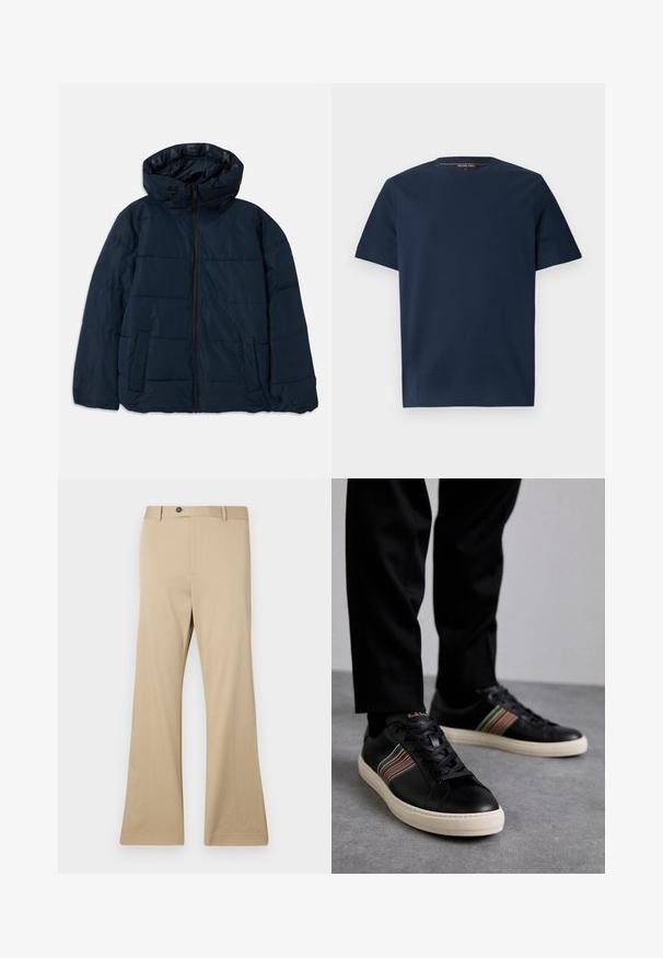 Dunkelblaue Pufferjacke mit Kapuze, ausgestattet mit einem Reißverschluss vorne, horizontalen Naht-Design, zwei seitlichen Taschen und einem Logo auf dem Innenfutter.; Marineblaue Kurzarm-T-Shirt aus glattem Baumwollmaterial, mit Rundhalsausschnitt und einem kleinen, eingeprägten Logo auf der linken Brust.; Beige lässige Hosen aus glattem Stoff. Verfügt über einen Knopfverschluss, vordere Taschen und eine taillierte Passform an den Hüften, die sich bis zu einem weiten Bein erstreckt.; Schwarze Ledersneaker mit mehrfarbigen gestreiften Akzenten, runder Zehenform und weißen Gummisohlen, mit schnürbarem Design und geprägter Markenkennzeichnung.