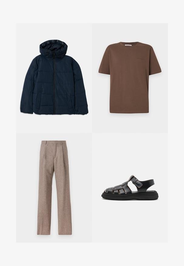 Navy puffer jacket with hood, featuring a zip front, horizontal stitching design, two side pockets, and logo on the inner lining.; Brown cotton t-shirt with a round neckline, short sleeves, and a small logo printed on the front. Flat fabric texture, casual fit.; Brown, high-waisted trousers made of textured fabric. Features wide legs and two front pleats for structure. Neat finish with no visible hardware.; Black leather sandals with a woven design, featuring adjustable straps, metallic accents, and a thick black sole for stability.