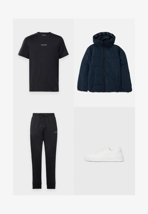 Mornarska puf jakna s kapuljačom, koja ima patent zatvarač sprijeda, horizontalni dizajn šivanja, dva bočna džepa i logo na unutarnjoj podstavi.; Crna pamučna majica s kratkim rukavima, okruglim izrezom i bijelim natpisom "MICHAEL KORS" na prsima, uz kontrastne bočne pruge.; Crne trenirke od mješavine pamuka, s elastičnim pojasom i vezicom, naglašenim bočnim panelima i malim tiskanim logotipom.; Bijela tenisica s glatkim kožnim gornjim dijelom, okruglim vrhom, vezicama, teksturiranim bočnim detaljima i debelim gumeni potplat. Minimalistički dizajn.