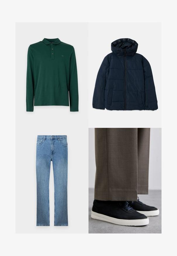 Marineblå jakk med hette, med glidelås foran, horisontal sømdesign, to sidelommer og logo på det indre foret.; Mørkegrønn langermet polo-skjorte med krage og tre knapper, med liten brodert "MK" logo på brystet.; Lyseblå denimjeans med rett snitt, fem lommer, glidelås og kontraststing. Stoffet har en glatt, strukturert overflate.; Svarte suedeglans sneakers med hvite gummisåler, med rund tå og lisser, iført grå skreddersydde bukser.
