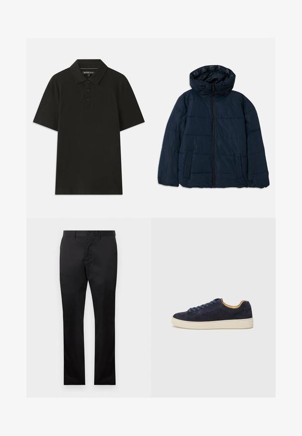 Marineblå jakk med hette, med glidelås foran, horisontal sømdesign, to sidelommer og logo på det indre foret.; Svart polo-skjorte laget av strukturert stoff. Har en tre-knappers placket og standard krage. Korte ermer og rett kant.; Svarte bomullsbukser med rett ben-design, med knappelukking foran og sidelommer, glatt tekstur, uten synlige mønstre.; Marineblå semsket lav sneaker med rund tå, off-white gummisåle og matchende snørebånd; har en kontrasterende tan indvendig foring.