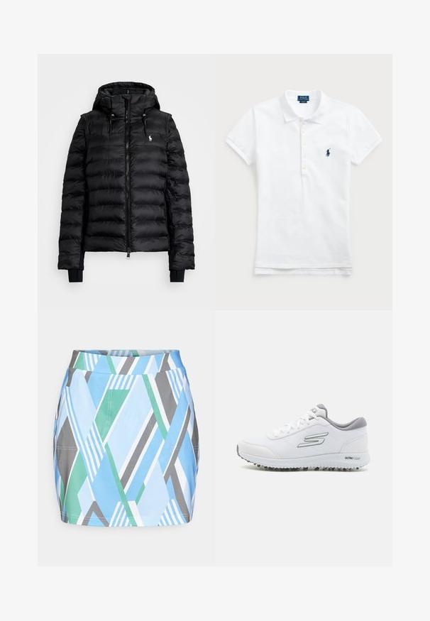 Musta puffjakker, millel on eest avanev tõmblukk, kapuuts ja ribiremad. Tootel on tikandkujundus ja väike logo vasakul rinnal.; Valge puuvillane polo särk, millel on klassikaline krae, lühikesed varrukad ja sinine brodeeritud logo vasakul rinnal. Viie nupuga vool.; Lühike, värvikas seelik geomeetriliste mustritega sinises, rohelises ja hallis. Omab sobivat taljet ja sirget lõiget.; Valged spordisussid tekstuurses võrgusüvas, hõbedased detailid ja kerge tallaga, kus on väikesed haardepunktid, märgitud "ULTRA FLIGHT."