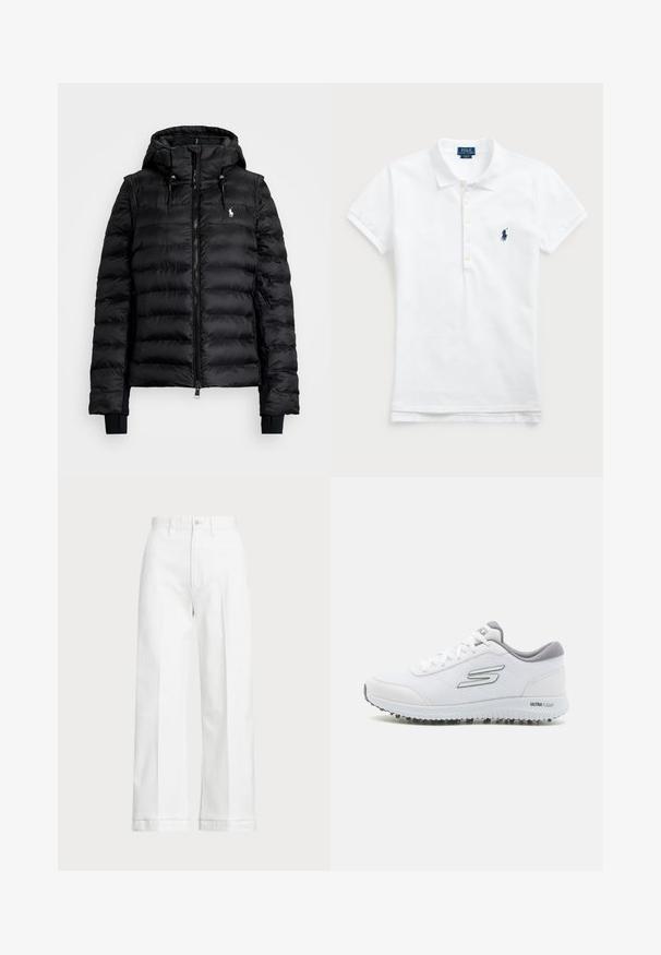 Black puffer jacket with a zip front, hood, and ribbed cuffs. Features a quilted design and a small logo on the left chest.; White cotton polo shirt featuring a classic collar, short sleeves, and a navy blue embroidered logo on the left chest. Five-button placket.; White wide-leg trousers with a high waist, featuring a button closure and subtle stitching details. Made from cotton with a smooth texture.; White athletic shoes with a textured mesh upper, silver accents, and a lightweight sole featuring small traction studs, labeled "ULTRA FLIGHT."