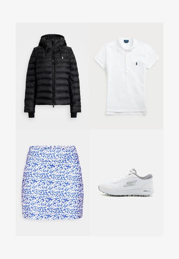 Fekete steppelt dzseki cipzárral elöl, kapucnival és bordázott mandzsettákkal. Steppelt kialakítással és egy kis logóval a bal mellrészen.; Fehér pamut poloing klasszikus gallérral, rövid ujjal és a bal mellrészen elhelyezkedő sötétkék hímzett logóval. Öt gombos nyitás.; Kék leopárdmintás mini szoknya sima textúrával, testhez simuló kialakítással és egyszínű derékrésszel, absztrakt fehér és világoskék mintákkal.; Fehér sportcipők texturált hálós felsőrésszel, ezüst részletekkel és könnyű talppal, amelyen kis tapadószögek találhatók, "ULTRA FLIGHT" felirattal.