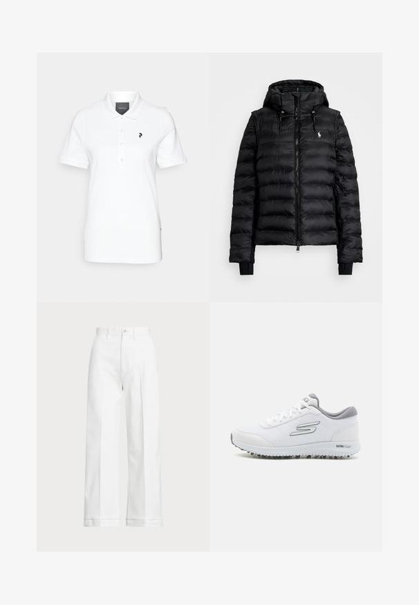 Musta puffjakker, millel on eest avanev tõmblukk, kapuuts ja ribiremad. Tootel on tikandkujundus ja väike logo vasakul rinnal.; Valge polo särk, mis on valmistatud siledast kangast, klassikalise krae ja lühikeste varrukatega. Vasakul rinnal must logo. Nööpidega esiküljel.; Valged laiad pükse kõrge vöökohaga, mis on varustatud nööpkinnipidamise ja peente õmblusdetailidega. Valmistatud puuvillast, millel on sile tekstuur.; Valged spordisussid tekstuurses võrgusüvas, hõbedased detailid ja kerge tallaga, kus on väikesed haardepunktid, märgitud "ULTRA FLIGHT."