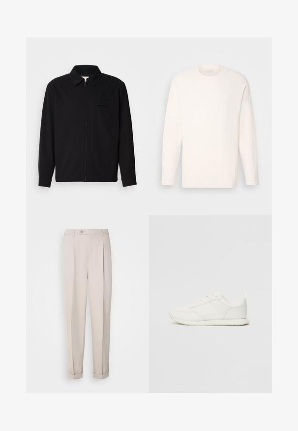 Sort langærmet skjorte med krave, frontlynlås og brystlomme. Lavet af struktureret stof med en afslappet pasform.; Langærmet crewneck skjorte i off-white stof med en glat tekstur. Subtil logo detalje på brystet, lige kant og bløde manchetter.; Beige bukser lavet af glat stof, med lige pasform, enkel fryns og opkrøllede vipper. Inkluderer en frontknaplukning.; Hvid sneaker med en overdel af mesh og syntetisk materiale, rund tå, flade snørebånd og en struktureret side-stribe. Gummisål med en træktab bagpå.